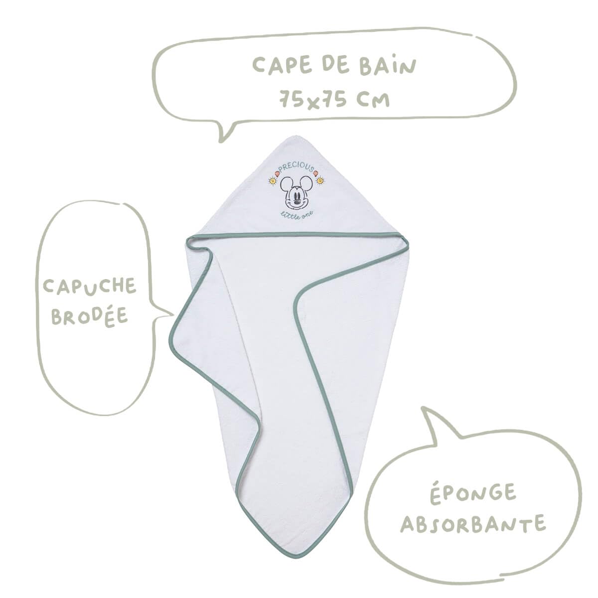 Babycalin - Cape de bain bébé Naissance 75x75 cm Mickey Good Morning Disney Baby - Sortie de bain bébé en Coton capuche brodée - Cape de bain Douce et Absorbante - Serviette de bain bébé résistante