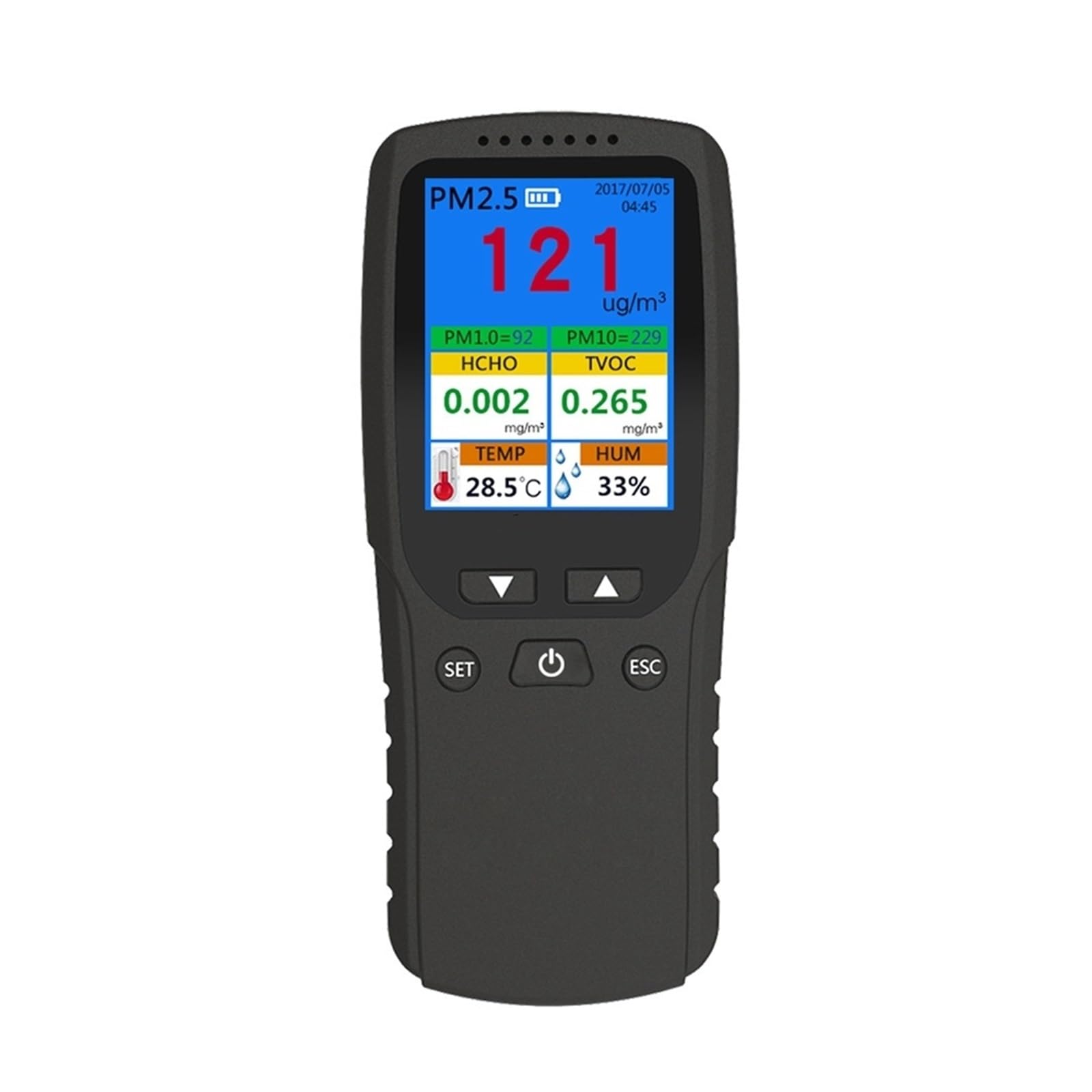 Monitor jakości powietrza Monitor ści powietrza 9 w 1 Wewnątrz Na zewnątrz PM2,5, PM1,0, PM10, HCHO, Tester detektora Czujnik temperatury i wilgotności Długi czas pracy baterii