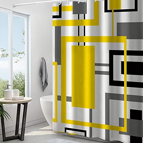 Izayoi Yellow Geometric Shower Curtain Sets, Black White Grey Checkered Bath Curtain Bathroom Decorations,Waterproof Cloth Fabric Size 72X72 Inches With 12 Hooks Set #TOP1