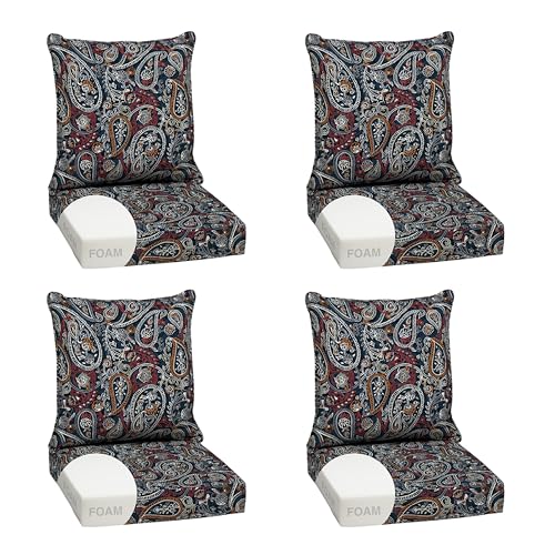 Image of Arden Outdoor Foam Deep Seat Cushion Set, 4-Pack, 24x24, Premium High-Density Foam, Never Flattens, Weather-Proof for Patio Chair Sofa Couch, Navy Palmira Paisley