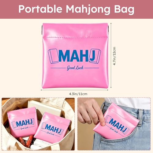 Dewgot 2Pcs Mahjong Dice Bags, 4.3 x 4.7 in PU Squeeze Mahjong Pouch Mini Dice Coin Chips Tiles Purse (Rose Red) — view 3