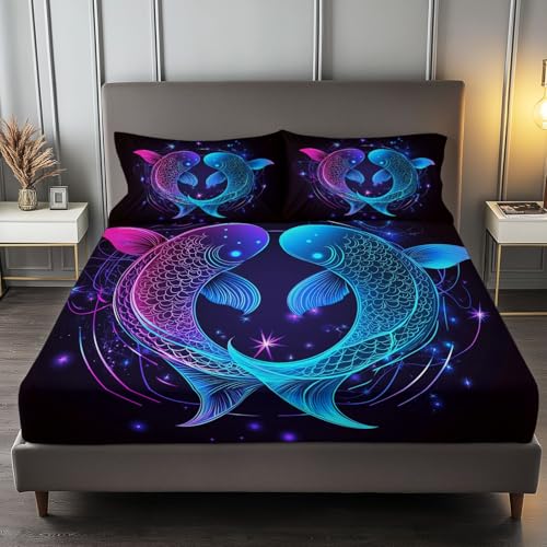 Fitted Sheet Twin Size, Fantasy Constellations Stars Bedding Set, Boys Girls Adults Bedroom Decor, Soft Bed Sheets Microfiber Wrinkle and Fade Resistant Blue Purple