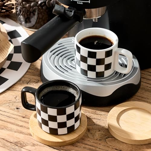 LUKA Stackable Black and White Checkered Ceramic Espresso Cups with Saucers and Metal Stand - 4 Ounce Demitasse Set for Coffee, Latte, Tea - Set of 4 - Image 6