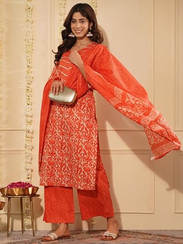 Image of Amayra Women's Pure Cotton Printed Straight Kurta Set with Palazzo Pants & Dupatta- Ethnic Wear