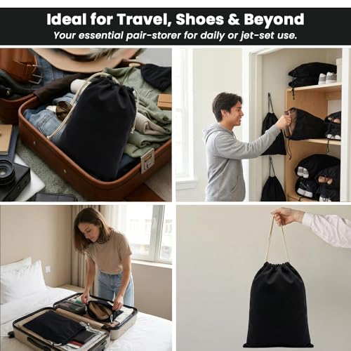 Image of LFH Cotton Rich Shoe Storage Bags with Drawstring, Dustproof Breathable Reusable Organizer, Perfect For Travel, Dorm, Hotel, College, Gym, Machine Washable 12 inchx17 inch (Pack of 2) - Black sand