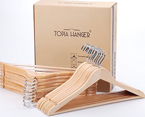 TOPIA HANGER Extra Strong Cherry Wooden Suit Hangers, Solid Wood Coat Hangers, Glossy Finish with Extra Thick Chrome Hooks & Anti-Slip Bar, 16-Pack CT01M
