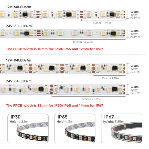 Tira LED direccionable RGBW WS2814 16.4 pies IP67 miniatura 5