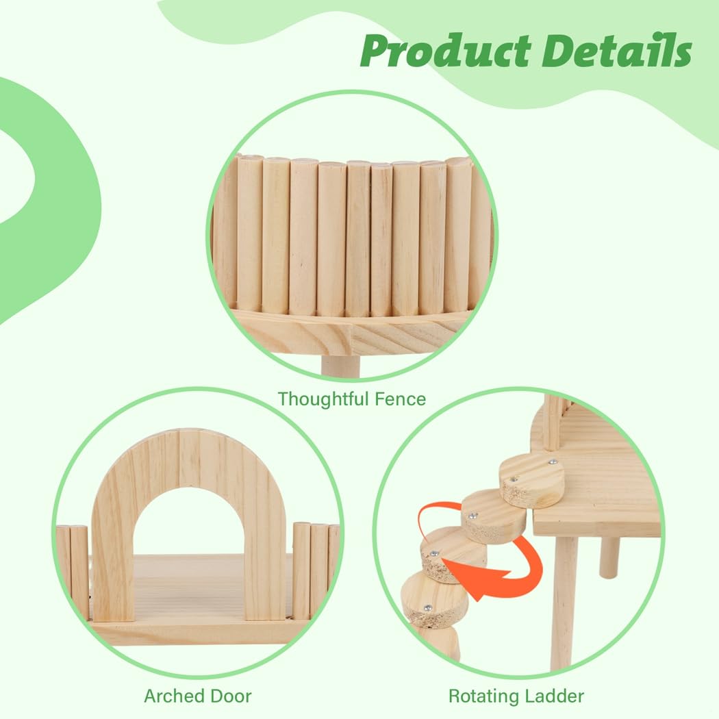 Kletterplattform aus Holz für Hamster, Kleintierspielplatz mit Zaun und Leiter, ideal für Meerschweinchen und Rennmäuse