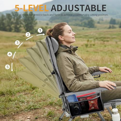 Image of Heavy Duty Folding Camping Chair Supports 400 LBS, Hard Arm Portable Outdoor Chair with Cup Holder & Storage Bag, Foldable Collapsible for Camp, Picnic, Lawn, Fishing