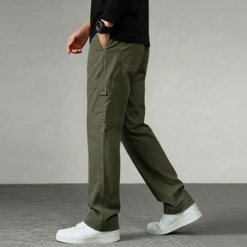 Image of Cargo for Men | Cotton Cargo Pant | Lower for man | Elastic Drawstring Waist Straight Fit Bottoms | Comfortable Breathable Summer Cargos for Casual, Office Wear