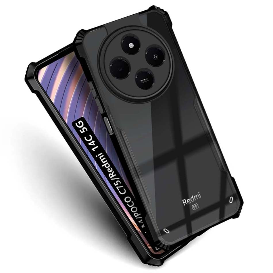 Fashionury Shockproof Crystal Clear Back Cover Case for Redmi A4 5G / Poco C75 5G / Redmi 14C 5G / Poco M7 5G | 360 Degree Protection | Transparent Back Case Cover (Black Bumper) 22 51w1YGLs0VL