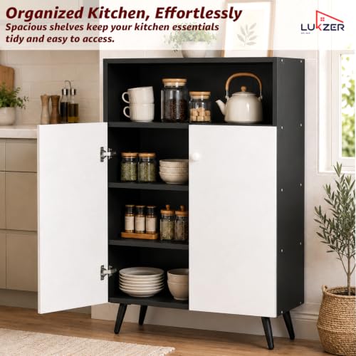 Image of Lukzer Wooden Book Shelf & Storage Cabinet with White Doors (MR-034 /Black) Engineered Wood Bookshelf for Home, Bedroom, Office & Kitchen, Multipurpose Books Organizer & Display Rack (90x30x60 cm)