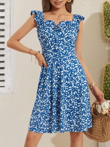 Image of HUHOT Summer Sun Dresses for Women 2025 Adjustable Square Neck Sleeveless Midi Floral Graduation Beach Casaul Sundresses