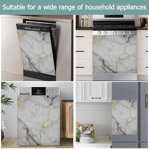 Image of Dishwasher Cover,White Grey Mable Reusable Dishwasher Magnet Cover,Decorative Gold Texture Magnetic Refrigerator Cover Front Panel Cover for Kitchen Decor 23x26 Inch