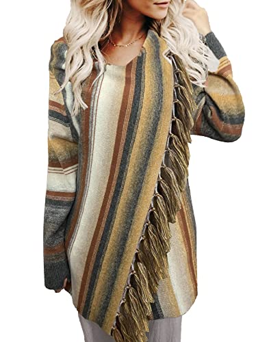 Image of Women's Open Front Knited Tassels Slash Loose Cardigan Crew Neck Speckled Fringe Sweater Outwear