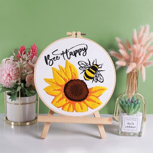 Image of Louise Maelys Embroidery Kits for Beginners,Cross Stitch Kit for Adults,DIY Needlepoint with Bee Sunflower Pattern-Bee Happy