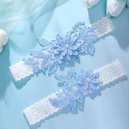 2 Pieces Wedding Garters for Bride Sexy Lace Leg Garter Belt Hand Sewn Faux Pearls Bride Garter Set4