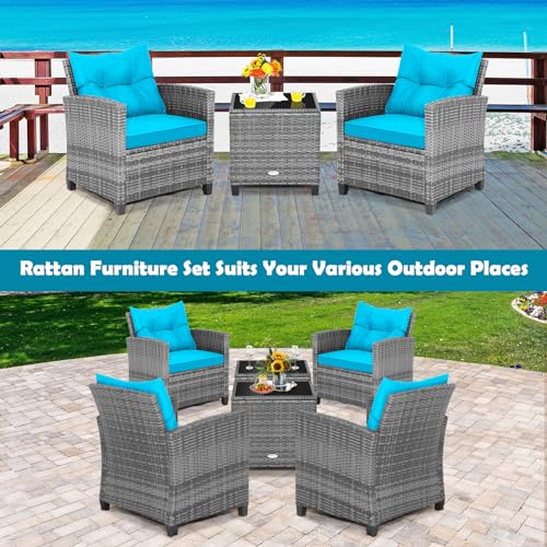 Image of Tangkula 3 Pieces Patio Furniture Set, Outdoor PE Rattan Conversation Chair Set with Tempered Glass Side Table and Removable Cushions, PE Wicker Chairs and Table Set for Porch, Balcony and Garden