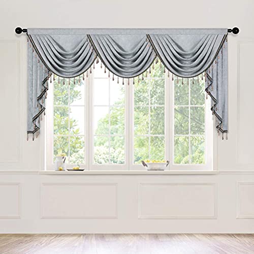 Elkca Thick Chenille Window Curtains Valance For Living Room, Silver Grey Valance With Beads For Bedroom,Rod Pocket (W79Inch,1 Panel) #TOP21