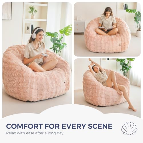 Image of MAXYOYO Giant Bean Bag Chair for Adults, Stuffed Shell-Shaped Large Bean Bag Couch, Cozy Living Room Chair with Filler, Floor Sofa Lazy Sofa for Bedroom Living Room, Pink
