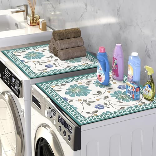 Image of Yellow Weaves Washer & Dryer Cover for Top, 60 x 60 cm, Washing Machine Top Protector Mat for Kitchen /Laundary Room, Water Absorbing, Dustproof, Scratch Resistant & Non-Slip (Floral Teal)