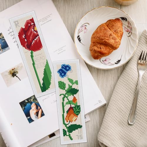 Image of INFUNLY 6PCS Flower Insects Cross Stitch Bookmark Kits Spring Rose DIY Stamped Cross Stitch Kit with Instruction Vintage Butterflies Embroidery Cross Stitch Kit for Book Lovers Readers Writers
