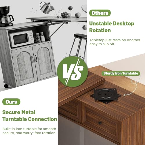 Image of 69 inch Kitchen Island with 360 Rotating Table,LED Lighting, Adjustable Shelves, Storage Cabinet & Power Outlet - Walnut Finish Extendable Dining Table for Kitchen, Dining Room, Bar