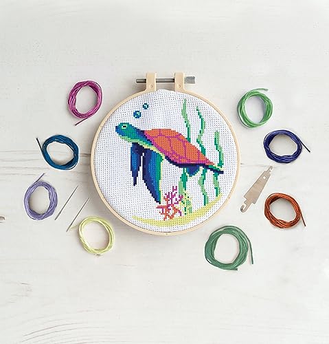 Simply Make Cross Stitch Kit, Coral Reef Turtle Design for Kids & Adults, Including Hoop, Embroidery Thread - Image 3