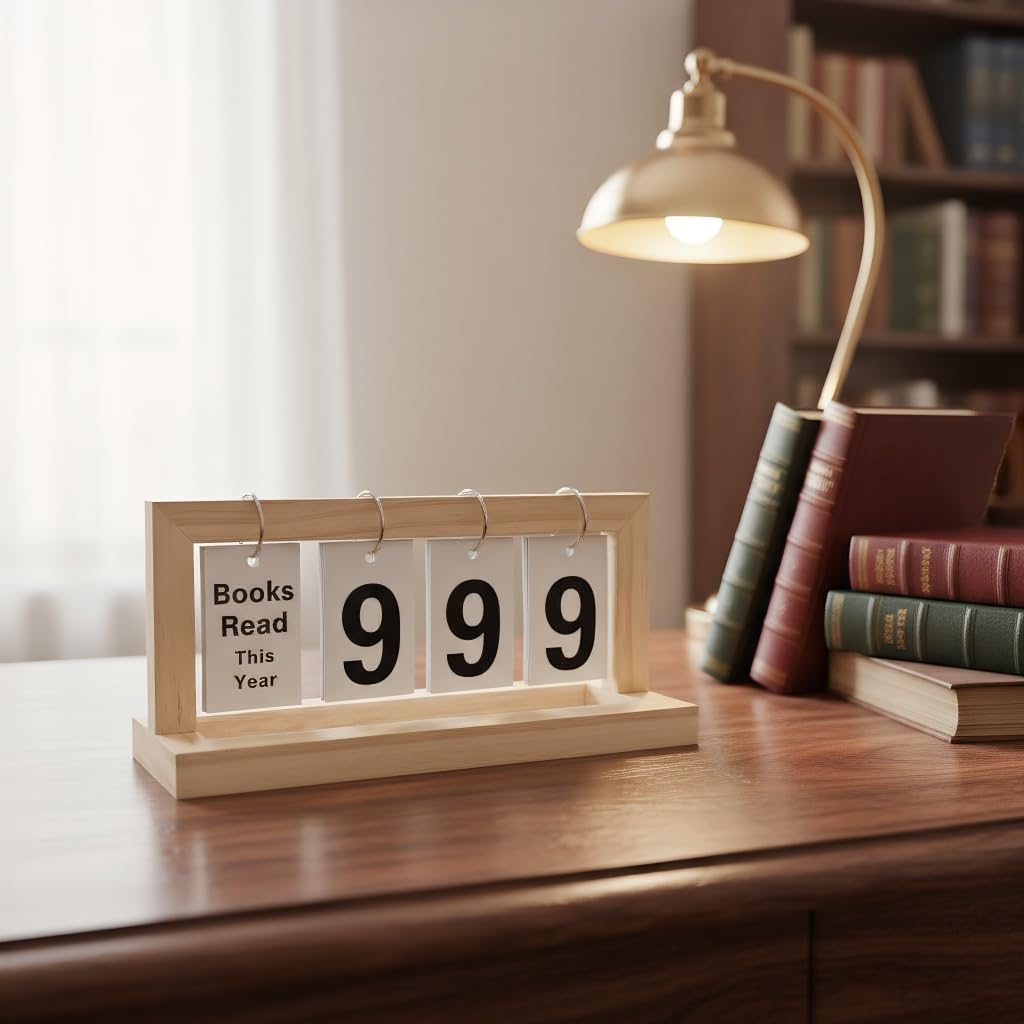 ZYZX Wooden Books Read This Year or Month Tracker Display Stand - with Flip Numbers Border, Suitable for Teachers, Students, Classrooms, Libraries, Home Office Decoration Gifts