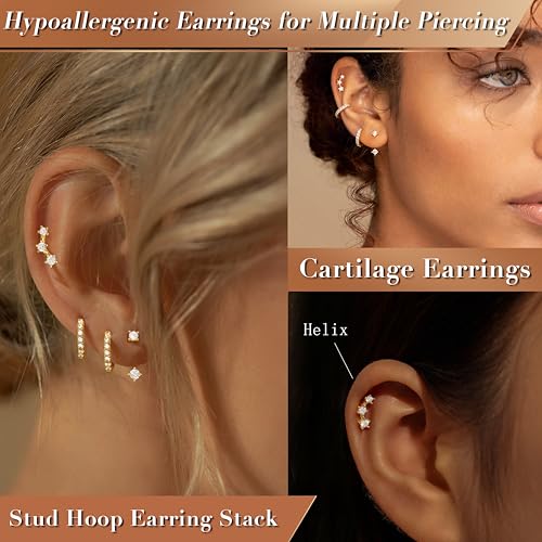 Gold Plated Stud Huggie Earrings Stack for Women Trendy, 3 Pairs Small Cute Hoop Jacket Cartilage Earring Set, Fashion Accessories Holiday Western Jewelry Gifts4