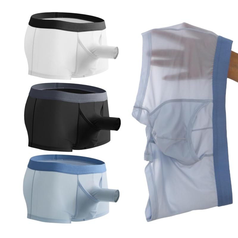 Men's Dual Pouch Underwear Bulge Boxer Briefs Separated Pouch See-through Redundant Prepuce Physical Therapy Trunks