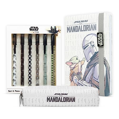 Disney The Mandalorian Schreibwaren-Set, Star Wars-Thema Stift-Set, mit 6x schwarzen Kugelschreibern, 1x Mäppchen und 1x A5 Notizbuch, ideal Kleine Geschenke für Kinder