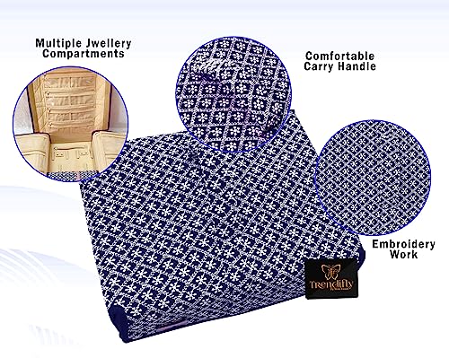 Image of Trendifly silk Lucknowi Jewellery Organiser Box for women Necklace organizer pouches Travel Makeup Cosmetic Earrings Jewelry Storage box for Bridal Gifting (Blue)