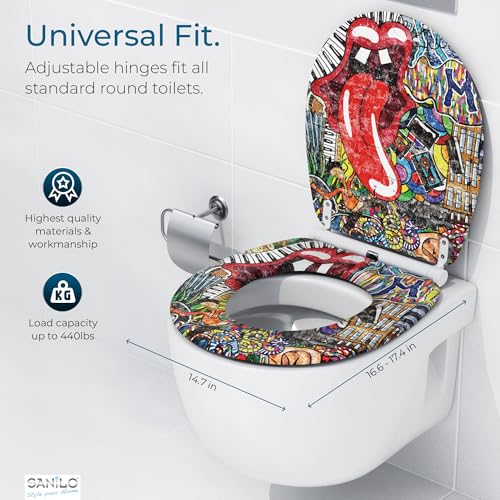 Image of Sanilo Wooden Toilet Seat with Quick Release & Soft Close [ROUND] - Decorative & Slow Close Molded Wood Seat - With One Click for Easy Installation & Cleaning - With Adjustable Fit (Graffiti)