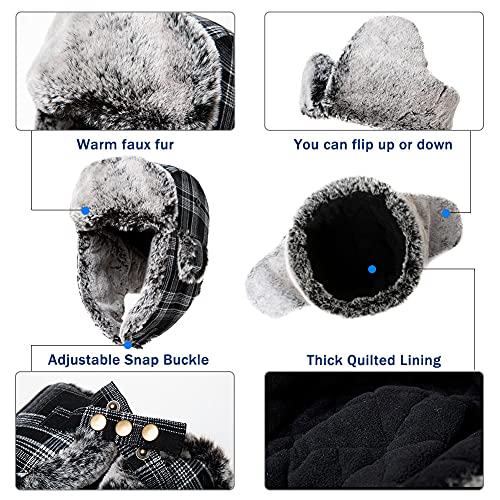 Fancet Patchwork Buffalo Check Plaid Faux Fur Mad Bomber Trapper Ushanka Russian Hat For Men Women Earflaps Winter Hunting Cap Black White #TOP4