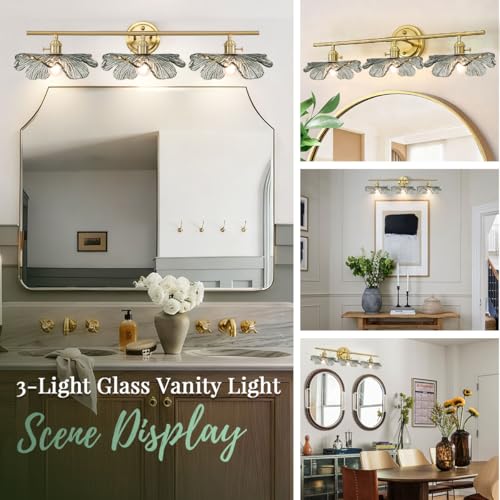 Image of 3 Light Bathroom Vanity Light Vintage Wall Sconce Gold Vanity lighting fixtures Over Mirror mid Century Modern Wall lamp with Dark Green Glass Shade Indoor Wall Light for Bedroom Hallway Living Room