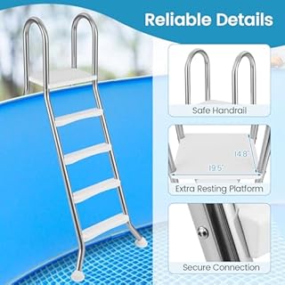Goplus 4-Step Steel Frame Above Ground Swimming Pool Ladder for 55" Pool Wall Heights, Double-Sided Entry & Exit Ladder w/Non-Slip Steps, Top Platform, Rotating Foot Pads