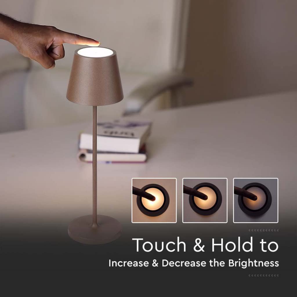 V-TAC Lampada da Tavolo senza Fili LED Dimmerabile in Alluminio – Lampada Marrone Wireless per Uso Interno ed Esterno IP54 da Casa o Ristorante – Design Elegante – Luce Bianca Calda