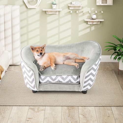 COSTWAY Katzenbett, kleines Hundesofa, 70 x 41 x 40 cm, Katzensofa mit weichem gepolstertem Kissen & waschbarem Bezug, Haustiersofa für kleine Hunde Katzen, Katzencouch bis 50 kg, Grau+Weiß