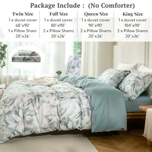 MILDLY Queen Size Duvet Cover Set 100% Long-Staple Cotton Luxury Sage Green Leaves Patten Reversible Comforter Cover Set 3Pcs
