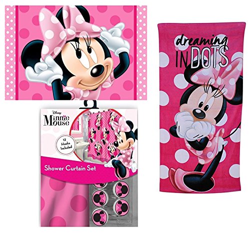 15pc Disney Minnie Mouse Shower Curtain Bath Towel Foam Mat Hooks Set