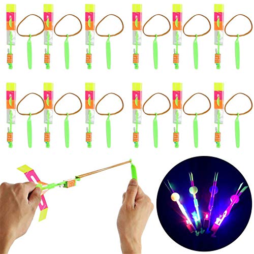 BAUYECOHY Amazing Led Light Arrow Rocket Copters, Slingshot Helicopter Flying Rocket Catapult - Elastic Powered Sling Shot, Kites Toy Fun Party Gift for Kids (12Pcs)