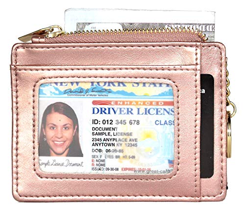 Image of Womens Slim RFID Credit Card Holder Mini Front Pocket Wallet Coin Purse Keychain (Oil Rose Gold)