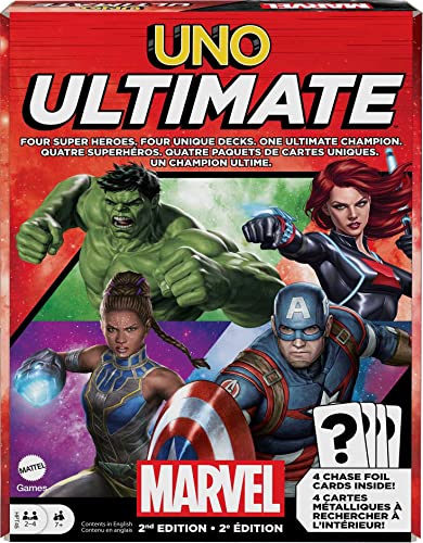 Mattel Games UNO Ultimate Marvel Kartenspiel mit 4 Charakter-Decks, 4 Sammelfolienkarten & Sonderregeln, 2-4 Spieler, 2nd Edition