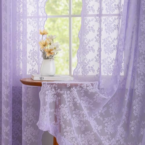 YJ YANJUN Purple Lace Curtains 2 Panels 72 Inches Long Modern Minimal Lavender Floral Panels for Bedroom Living Room Rod Pocket Boho French Country Sabby Chic Girls Room Decor 52