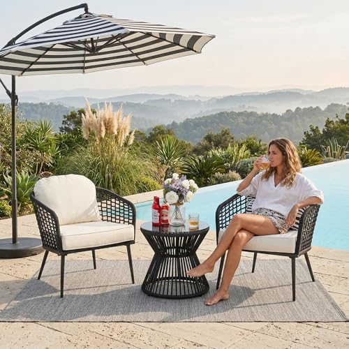 Image of BRISHI Garden Patio Seating Chair and Table Set Outdoor Balcony Garden Coffee Table Set Furniture with 1 Table and 2 Chairs Set with Cushion Braid & Rope (Black /White)