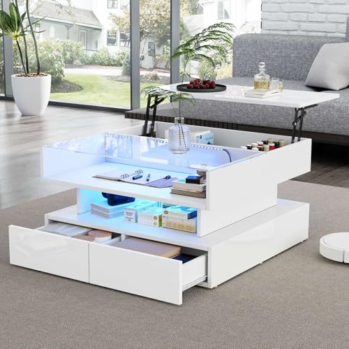 EURHCIO Table Basse Salon Relevable 80x80x45cm,Table Basse Blanche Brillant,Meuble Bas Rangement...