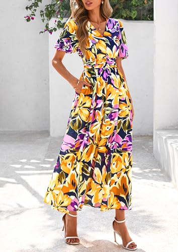 Image of PRETTYGARDEN Womes Boho Maxi Dresses 2026 Summer Spring V Neck Puff Sleeve Empire Waist A Line Flowy Long Beach Floral Dress