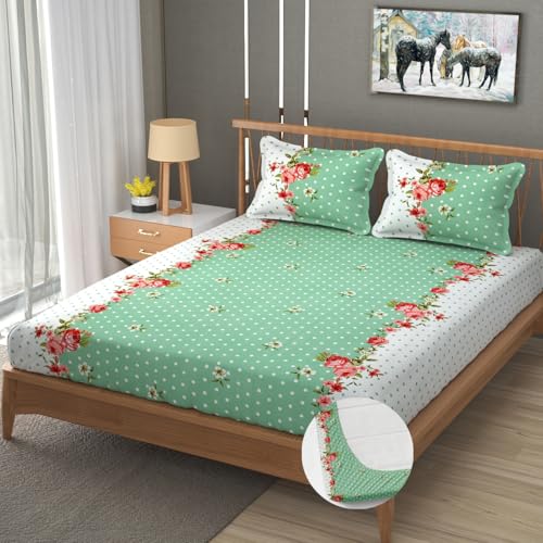 Image of Premium Heavy Cotton Elastic Fitted Bedsheets with 2 King Size Pillow Covers || Double Bed with All Around Elastic 350 TC || 72 x 78 x 10 Inch King Size Fitted || - Green Dot
