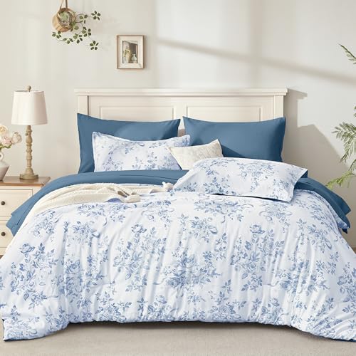 Image of Andency Floral Comforter Set Full Size, 7 Pieces Blue Flower Lightweight Bedding Set for All Seasons, Soft Vintage Bed in a Bag with Comforter, Sheets, Pillowcases & Shams